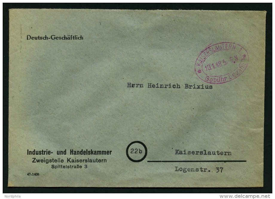 ALL. BES. GEB&Uuml;HR BEZAHLT KAISERSLAUTERN Geb&uuml;hr Bezahlt, 10.1.48, Violetter Ellipsenstempel Mit 2 Sternen Und O - Sonstige & Ohne Zuordnung