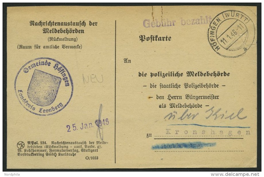 ALL. BES. GEB&Uuml;HR BEZAHLT H&Ouml;FINGEN (W&Uuml;RTT), 11.1.46, Violetter L1 Geb&uuml;hr Bezahlt, Karte Feinst - Sonstige & Ohne Zuordnung