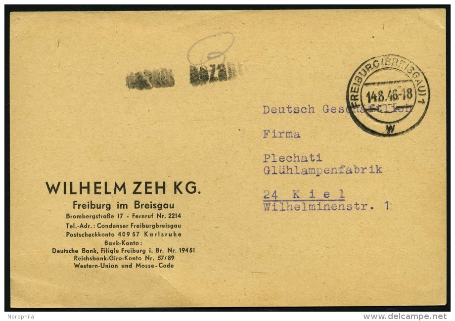 ALL. BES. GEB&Uuml;HR BEZAHLT FREIBURG (BREISGAU)1, 14.8.46, L1 Geb&uuml;hr Bezahlt, Prachtkarte - Sonstige & Ohne Zuordnung