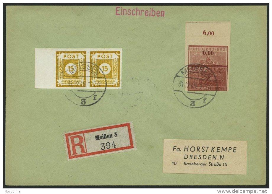 MEISSEN 38aBDD BRIEF, 1945, 12 Pf. Braunrot Wiederaufbau, Ungez&auml;hnt, Doppeldruck, Prachtbrief, Mi. 600.- - Privatpost