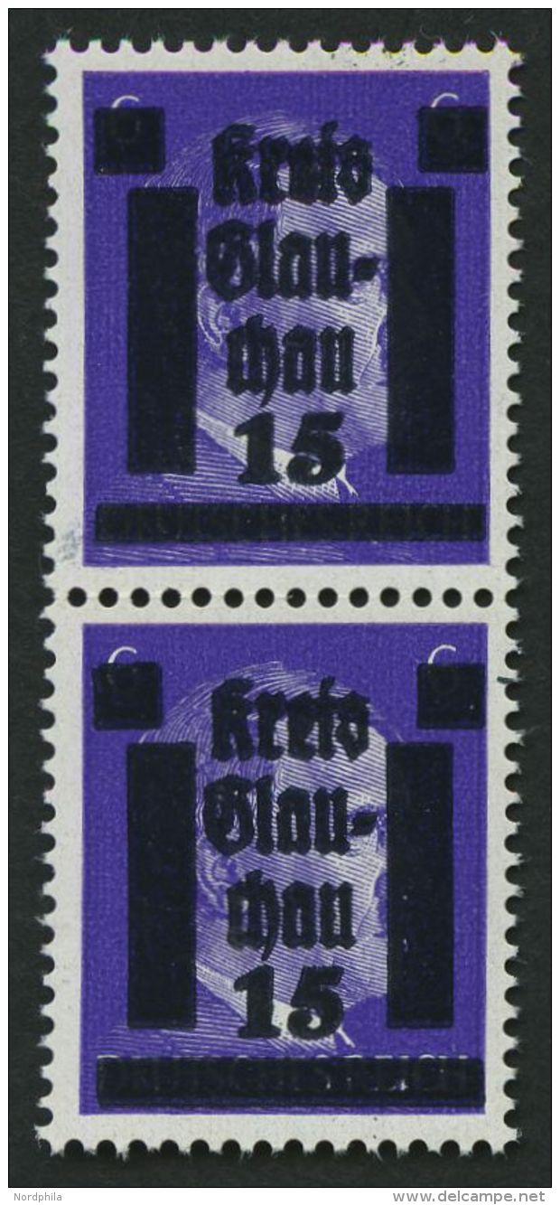 GLAUCHAU 5aDDIIIa Paar **, 1945, 15 Auf 6 Pf. Lebhaftblauviolett Doppelaufdruck Im Senkrechten Paar, Ein Wert Mit Abart - Privatpost