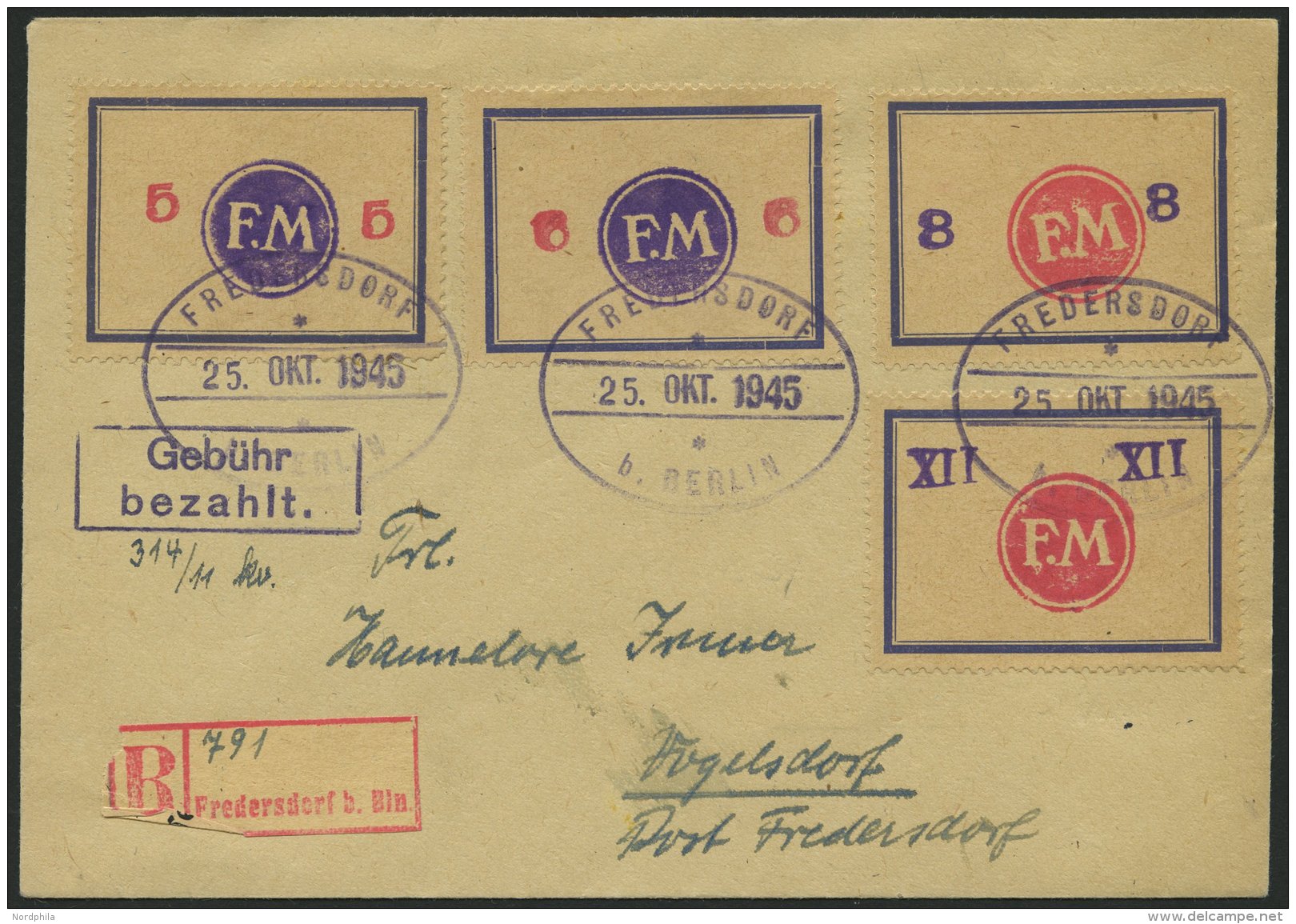 FREDERSDORF Sp BRIEF, 1945, 5 - XII Pf., Rahmengr&ouml;&szlig;e 43x31.5 Mm, Gro&szlig;e Wertziffern, 5 - 8 Pf. Mit Abart - Private & Local Mails
