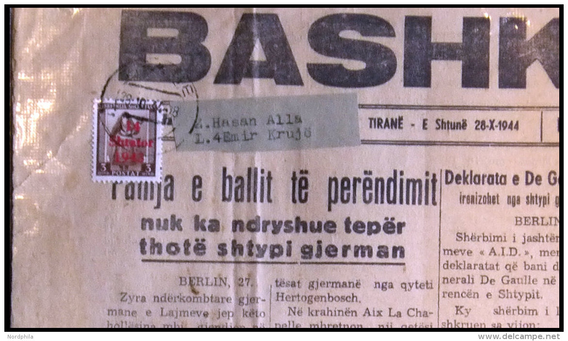 ALBANIEN 3 BrfStk, 1943, 3 Q Schw&auml;rzlichgelbbraun Auf Journal BASHKIM I KOMBIT Vom 28.X.1944 (Albanian Organ Propag - German Occ.: Albania