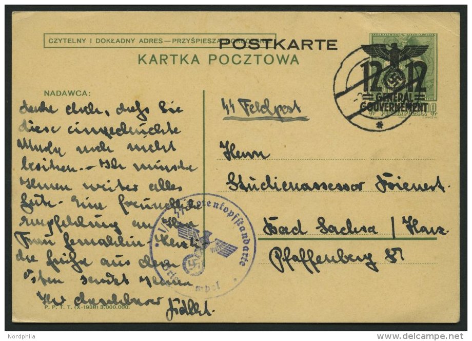 GENERALGOUVERNEMENT P 6II BRIEF, 1940, 12 Gr. Ganzsachenkarte Aus Lublin Mit Briefstempel SS Totenkopfstandarte, Pracht - Occupation 1938-45