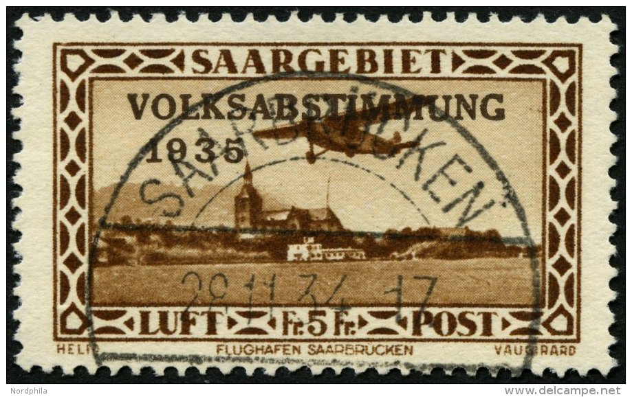 SAARGEBIET 198I O, 1934, 5 Fr. Flugpost Volksabstimmung Mit Abart Blitzableiter Auf Dem Kirchendach, Pracht, Gepr. U.a. - Other & Unclassified