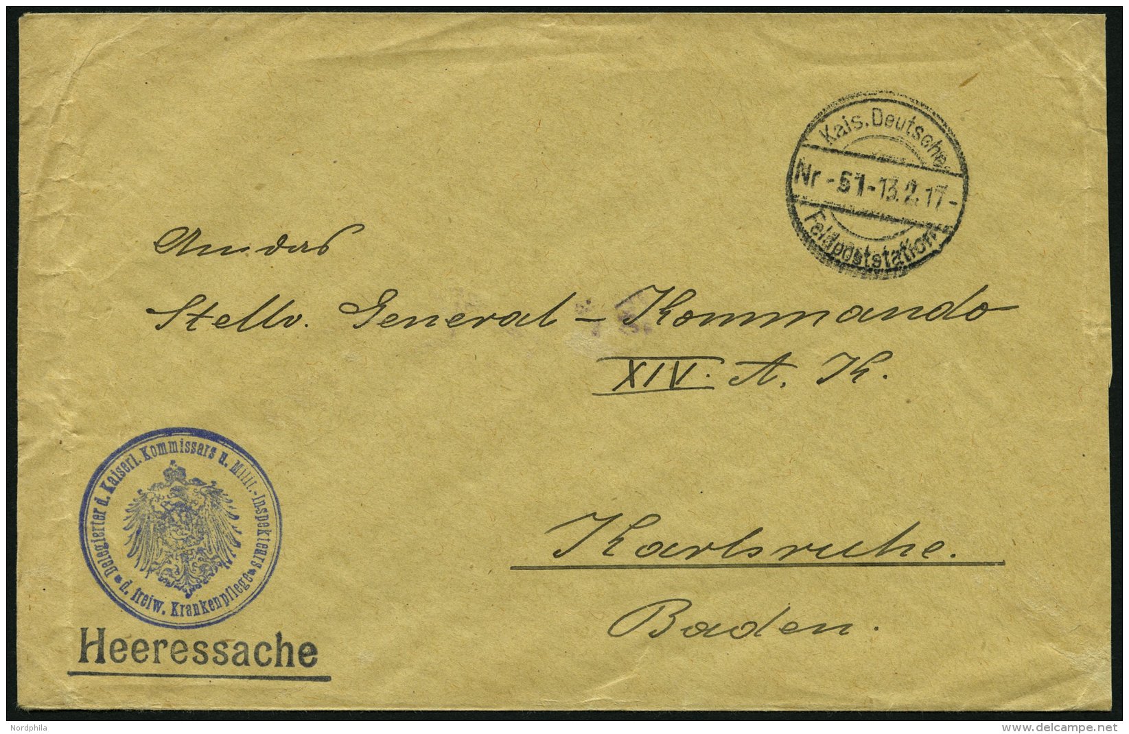 FELDPOST I.WK 1917, Heeressache Der Feldpoststation Nr. 51 Nach Karlsruhe, Mit Blauem Siegelstempel Delegierter D. Kasie - Gebraucht