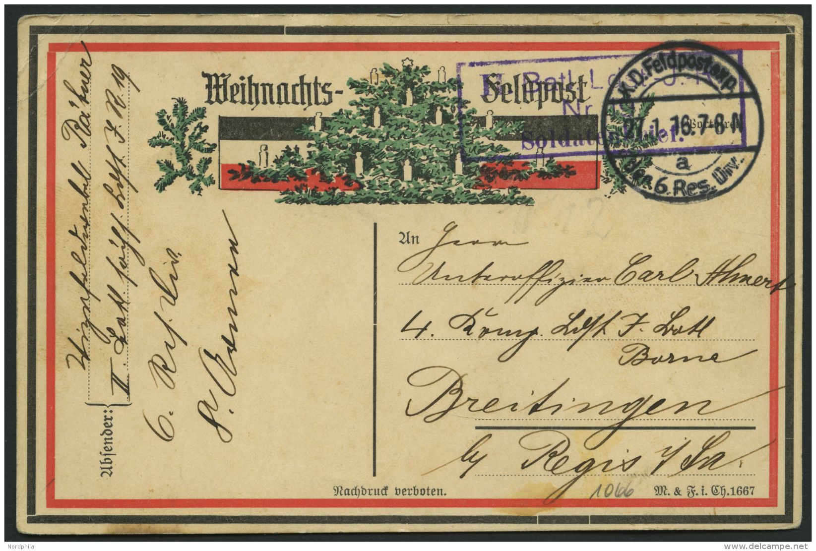 DT. FP IM BALTIKUM 1914/18 K.D. FELDPOSTEXP. DER 6. RES. DIV., 27.1.16, Auf Weihnachts-Feldpostkarte Nach Breitungen, Mi - Lettland