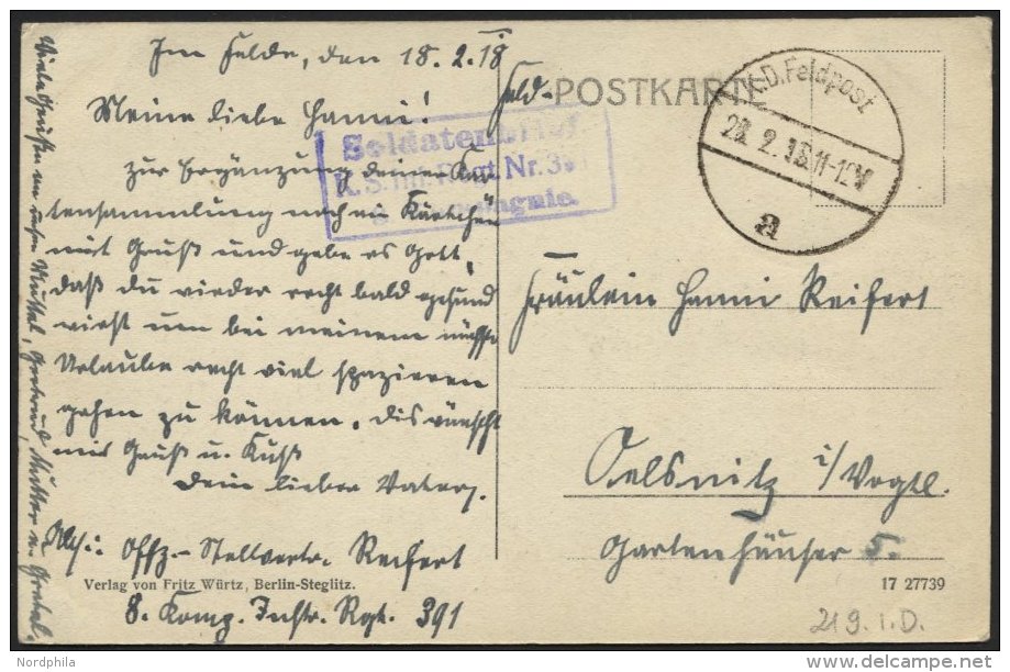 DT. FP IM BALTIKUM 1914/18 219. Infanterie-Division, 20.2.18, Mit Ausgestanztem Stempel K.D. FELDPOST A Auf Ansichtskart - Lettland