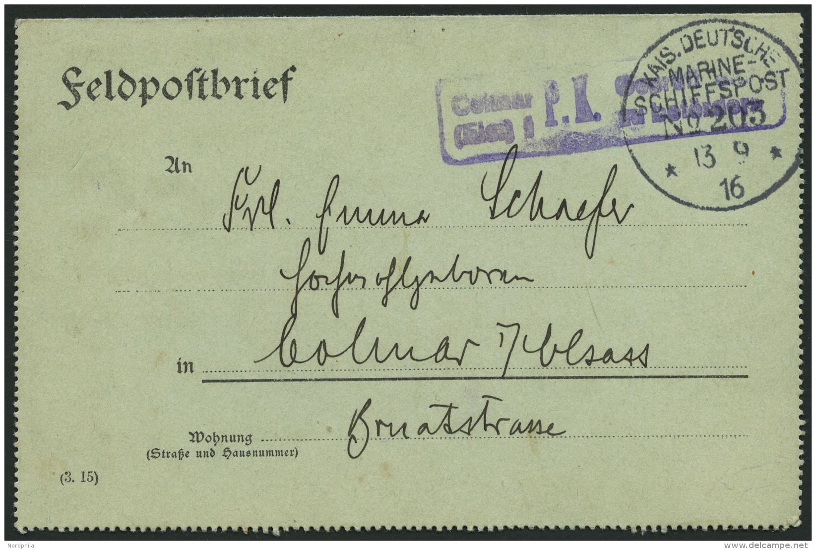 MSP VON 1914 - 1918 203 (Minenschiff PELIKAN), 13.9.1916, Feldpost-Kartenbrief Von Bord Der Pelikan Nach Colmar Mit Viol - Maritime