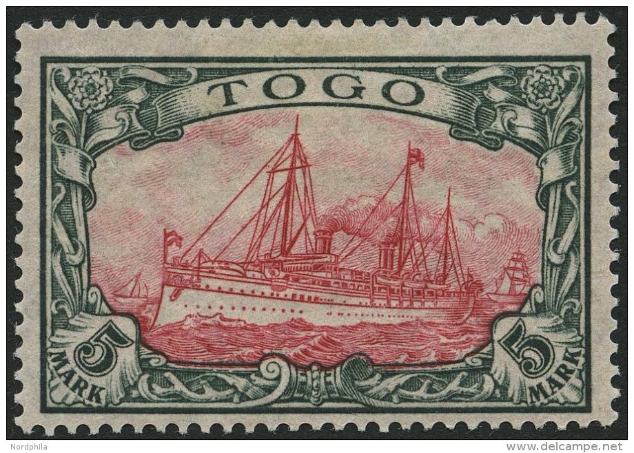 TOGO 23IIA *, 1919, 5 Mk. Gr&uuml;nschwarz/rotkarmin, Mit Wz., Kriegsdruck, Gez&auml;hnt A, Falzreste, Pracht, Gepr. J&a - Togo