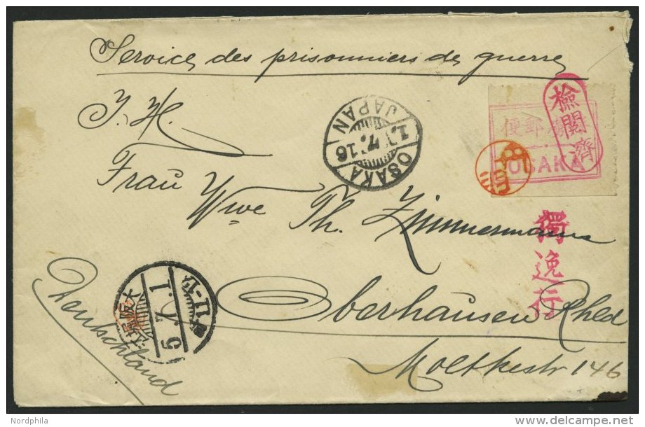 KIAUTSCHOU OSAKA, 1916, Brief Mit Zulassungsmarke Type IIa In Rot (nur 5 Bekannt!) Nach Oberhausen, Mit Zensurstempel Un - Kiautschou