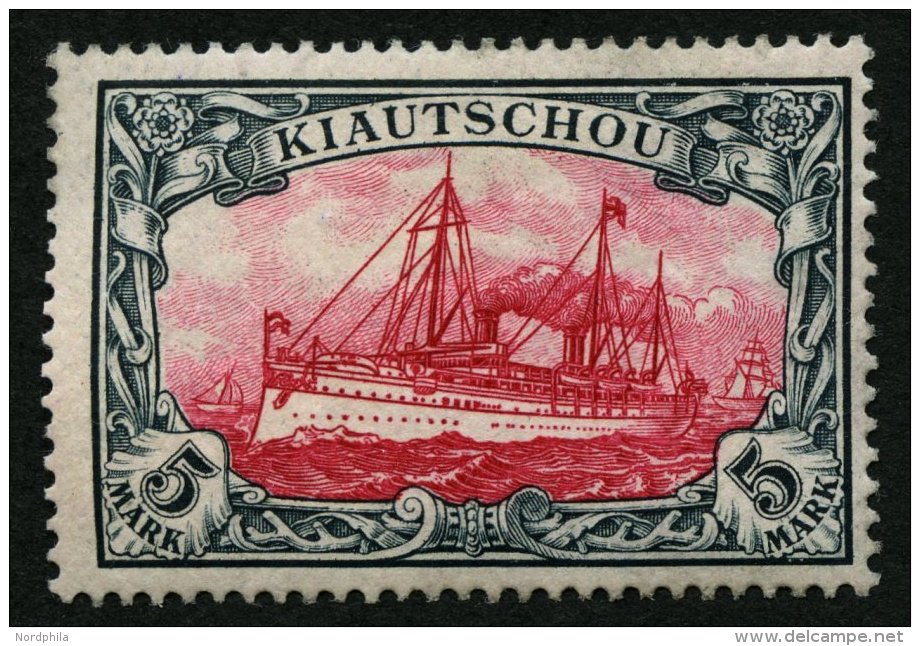 KIAUTSCHOU 17 *, 1901, 5 M. Gr&uuml;nschwarz/br&auml;unlichkarmin, Falzreste, Pracht, Gepr. Bothe, Mi. 250.- - Kiautchou