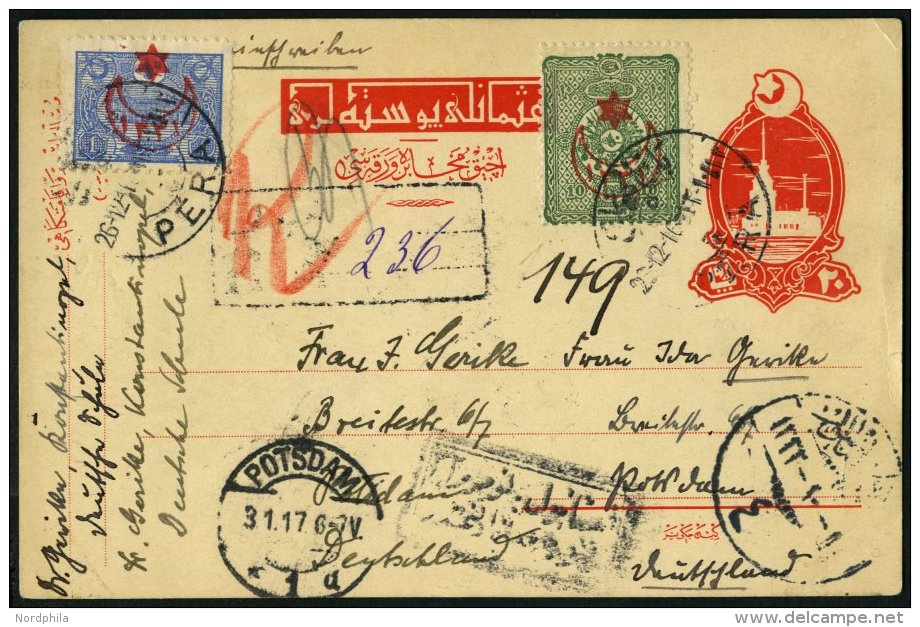 DP T&Uuml;RKEI 1916, Einschreibpostkarte Von PERA Nach Potsdam Mit T&uuml;rkischer Frankatur, Pracht - Deutsche Post In Der Türkei