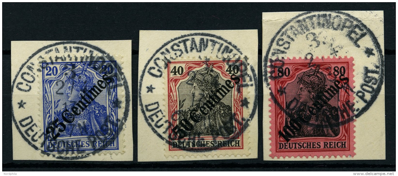 DP T&Uuml;RKEI 50-52 BrfStk, 1908, 25 C. Auf 20 - 100 C Auf 80 Diagonaler Aufdruck Mit Stempeln CONSTANTINOPEL 3 **, 3 P - Deutsche Post In Der Türkei