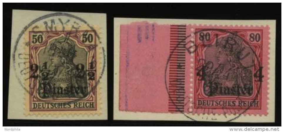 DP T&Uuml;RKEI 30/1 BrfStk, 1905, 21/2 Pia. Auf 50 Pf. Und 4 Pia. Auf 80 Pf., Ohne Wz., 2 Prachtbriefst&uuml;cke - Deutsche Post In Der Türkei