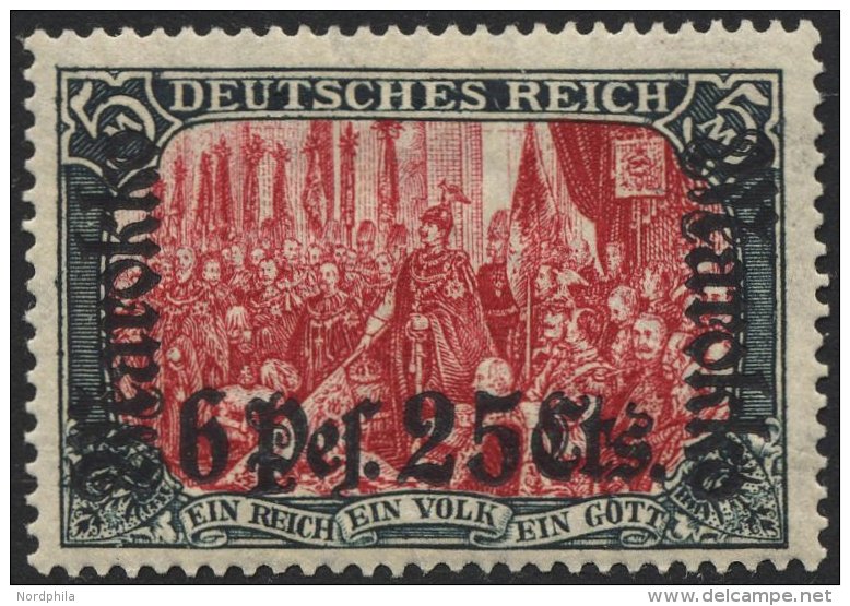 DP IN MAROKKO 58IAb *, 1911, 6 P. 25 C. Auf 5 M., Friedensdruck, Aufdruck Ru&szlig;ig, Falzreste, Pracht, Mi. 150.- - Deutsche Post In Marokko