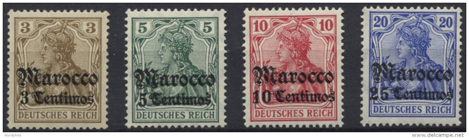 DP IN MAROKKO 34-37a **, 1906/7, 3 C. Auf 3 Pf. - 25 C. Auf 20 Pf., Mit Wz., Postfrisch, 4 Werte &uuml;blich Gez&auml;hn - Deutsche Post In Marokko