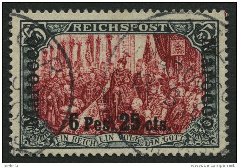 DP IN MAROKKO 19I/III O, 1900, 6 P. 25 C. Auf 5 M., Type I, Nachmalung Mit Rot Und Deckwei&szlig;, Leichte Papierfalte, - Deutsche Post In Marokko