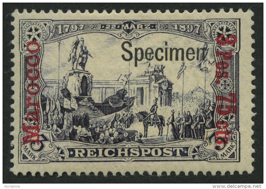 DP IN MAROKKO 18I/IISP *, 1900, 3 P. 75 C. Auf 3 M., Type II, Aufdruck Specimen, Falzrest, Pracht, Signiert - Deutsche Post In Marokko