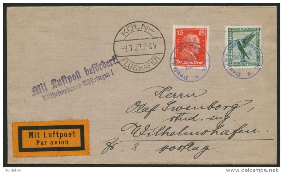 FLUGLEITUNGSSTEMPEL 35/03/a BRIEF, 1927, K&Ouml;LN, Violetter K1, Violetter Luftpostbest&auml;tigungsstpl. Wilhelmshaven - Airplanes