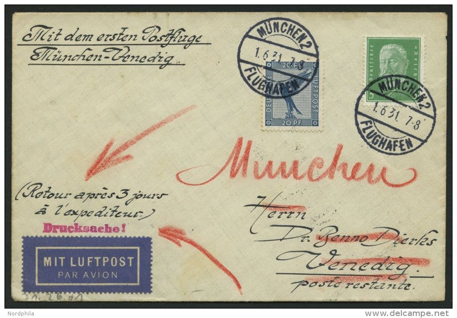 ERST-UND ER&Ouml;FFNUNGSFL&Uuml;GE 31.26.01 BRIEF, 1.6.1931, M&uuml;nchen-Venedig, Prachtbrief - Zeppeline