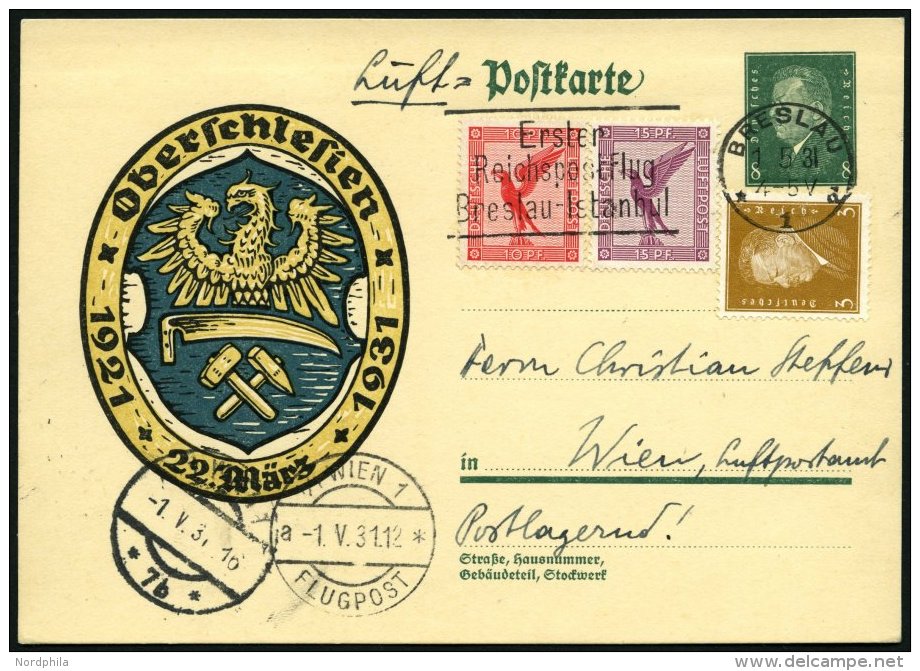 ERST-UND ER&Ouml;FFNUNGSFL&Uuml;GE 31.18.01 BRIEF, 1.5.1931, Breslau-Wien, Prachtkarte - Zeppeline