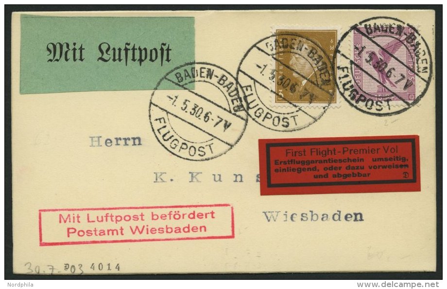 ERST-UND ER&Ouml;FFNUNGSFL&Uuml;GE 30.7.03 BRIEF, 1.5.1930, Baden Baden-Wiesbaden, Prachtkarte - Zeppeline