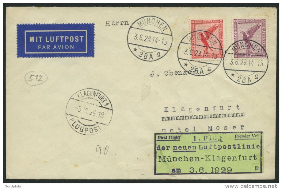 ERST-UND ER&Ouml;FFNUNGSFL&Uuml;GE 29.18.02 BRIEF, 3.6.1929, M&uuml;nchen-Klagenfurth, Prachtbrief - Zeppeline