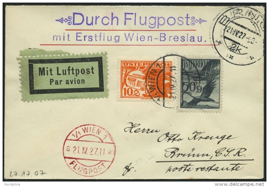 ERST-UND ER&Ouml;FFNUNGSFL&Uuml;GE 27.17.07 BRIEF, 21.4.1927, Wien-Br&uuml;nn, Prachtbrief - Zeppeline
