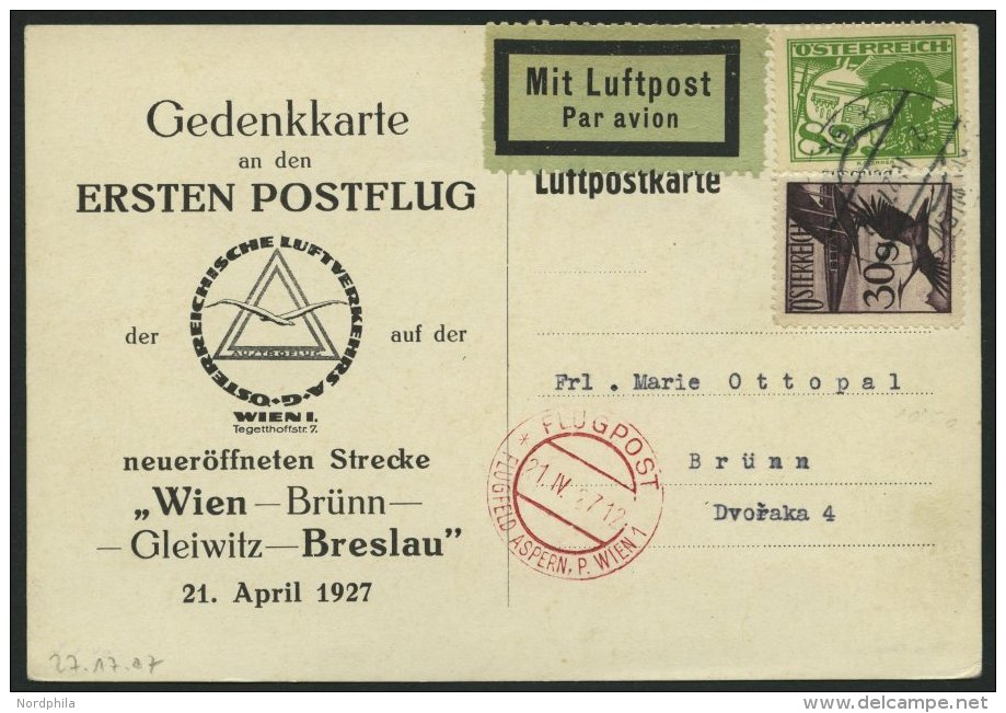 ERST-UND ER&Ouml;FFNUNGSFL&Uuml;GE 27.17.07 BRIEF, 21.4.1927, Wien-Br&uuml;nn, Prachtkarte - Zeppeline