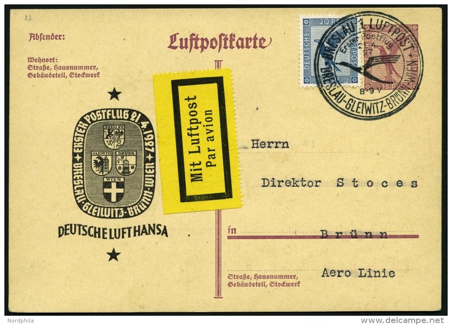 ERST-UND ER&Ouml;FFNUNGSFL&Uuml;GE 27.17.02 BRIEF, 21.4.1927, Breslau-Br&uuml;nn Auf LPP 104, Pracht - Zeppeline