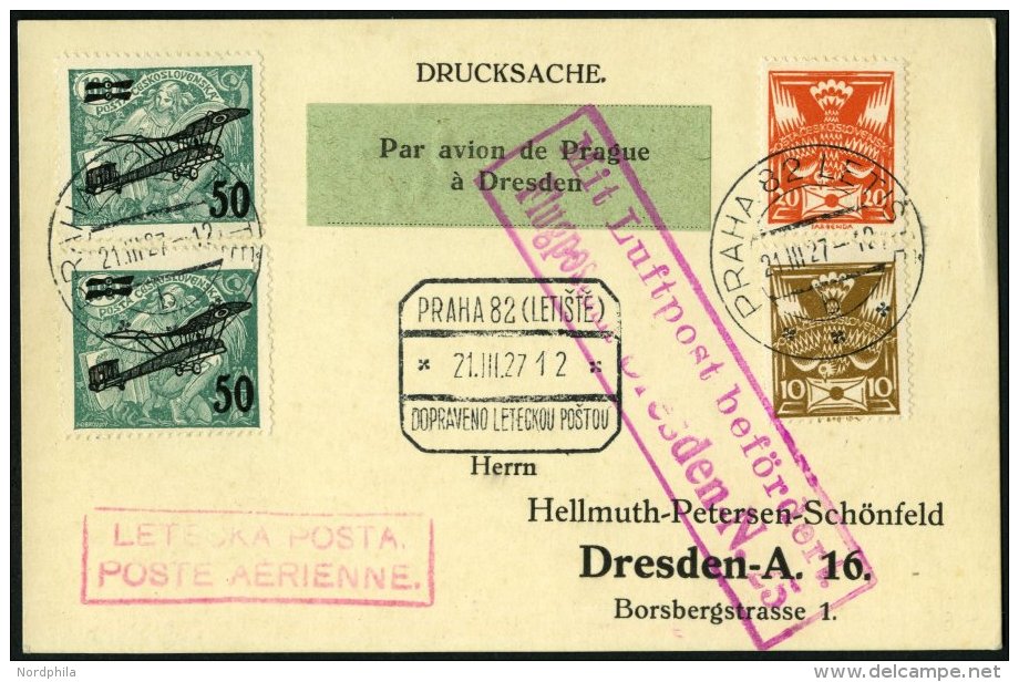 ERST-UND ER&Ouml;FFNUNGSFL&Uuml;GE 27.1.10 BRIEF, 21.3.1927, Prag-Dresden, Drucksachenkarte, Pracht - Zeppeline
