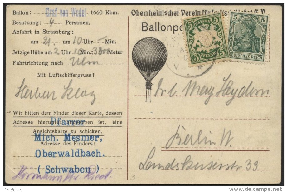 BALLON-FAHRTEN 1897-1916 21.5.1909, Oberrheinischer Verein Der Luftschiffahrt Strassburg, Abwurf Vom Ballon GRAF WEDEL M - Fesselballons