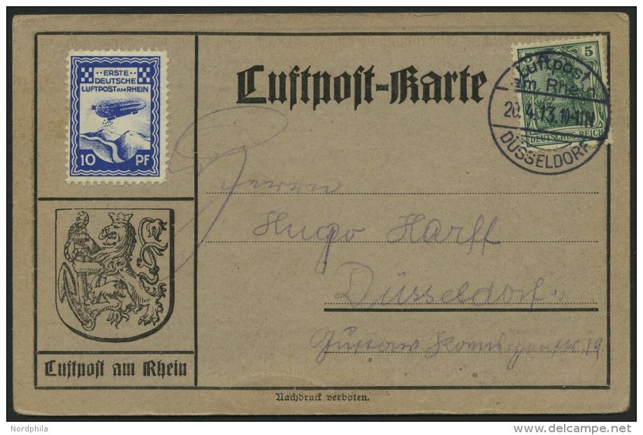 HALBAMTLICHE FLUGMARKEN 9 BRIEF, 1913, 10 Pf. Erste Deutsche Luftpost Am Rhein, Auf Luftpostkarte Mit 5 Pfg. Zusatzfrank - Poste Aérienne & Zeppelin