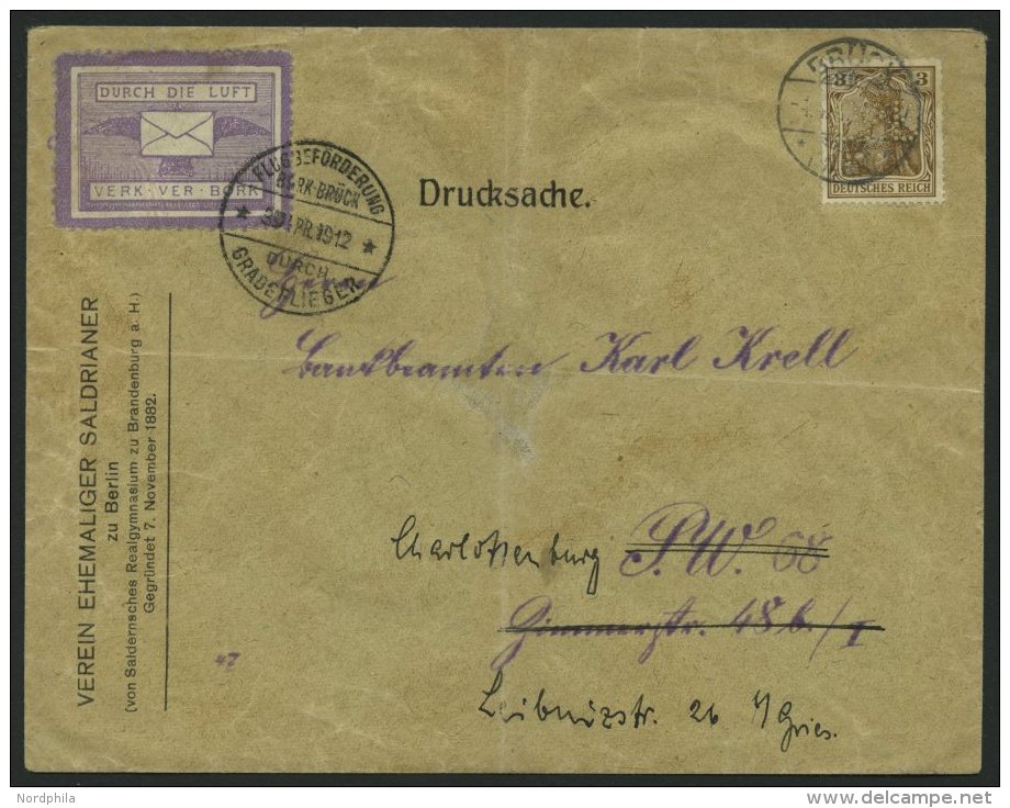 HALBAMTLICHE FLUGMARKEN 2A BRIEF, 1912, Bork-Br&uuml;ck Violett, Gefl&uuml;gelter Brief, Gez&auml;hnt, Auf Drucksachen F - Luft- Und Zeppelinpost