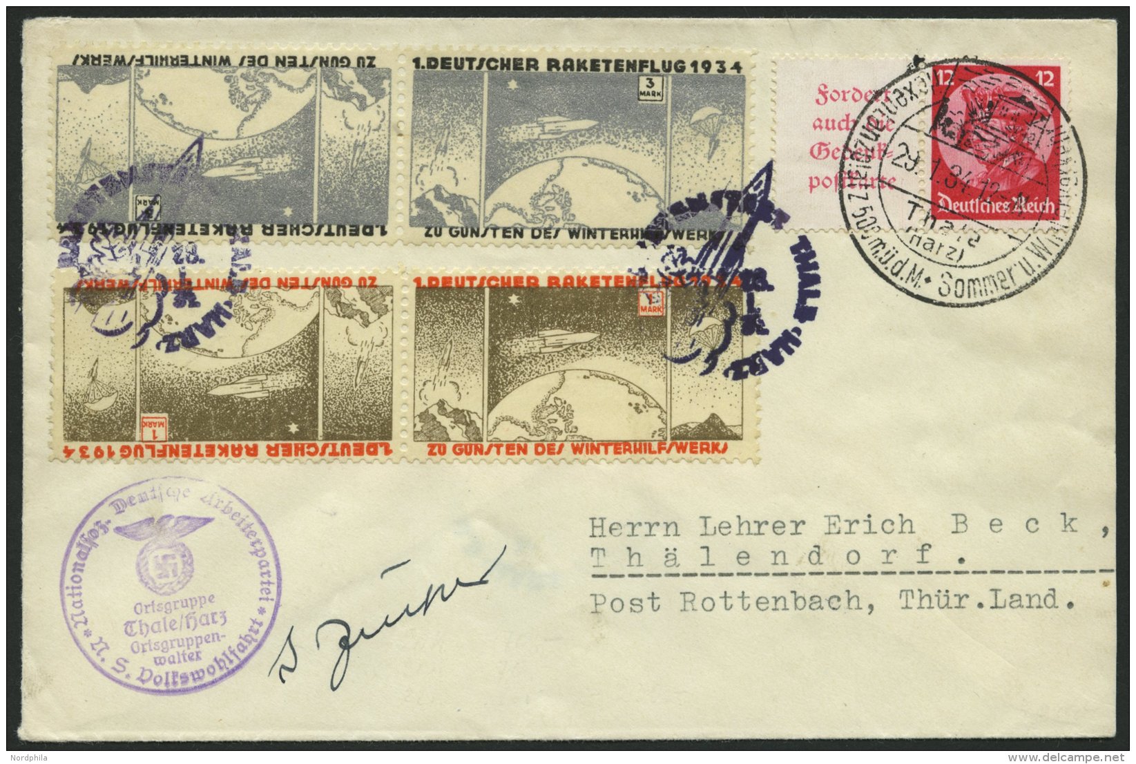 RAKETENPOST 6C1a BRIEF, 28.1.1934, Raketenflug Aus Thale, Frankiert Vorderseitig Mit 2 Waagerechten Zusammendruck-Paaren - Luft- Und Zeppelinpost