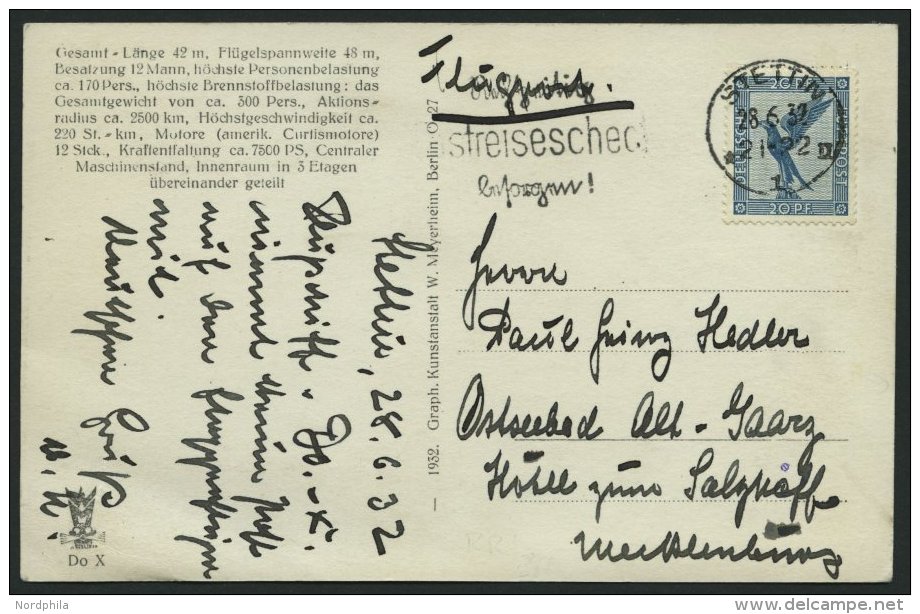 DO-X LUFTPOST 66.a. BRIEF, 28.06.1932, Deutschlandrundfahrt Der DO X, Etappe Nach Stettin, Fotokarte Eigenh&auml;ndig Vo - Covers & Documents