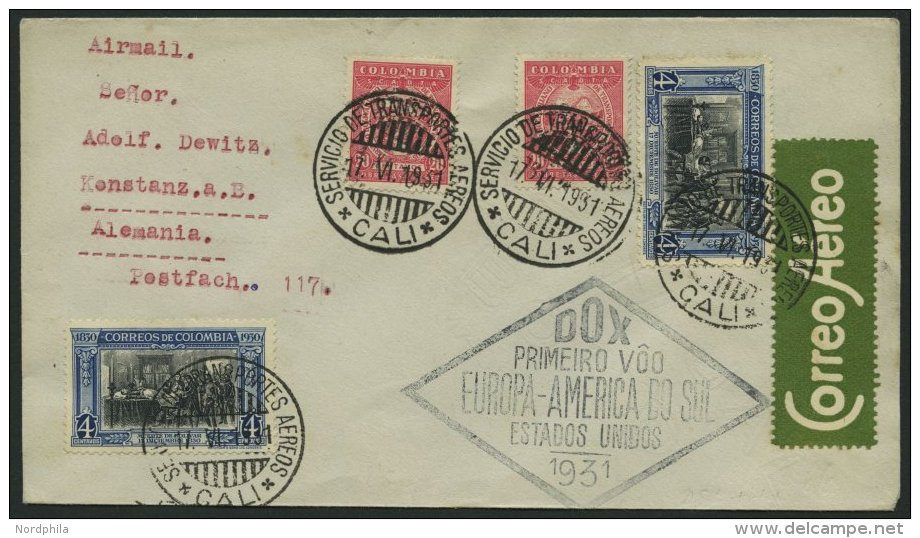 DO-X LUFTPOST 33.b.COL BRIEF, 17.06.1931, Zulieferpost Columbien &uuml;ber Rio Nach Europa Mit Brasilianischem Rautenste - Covers & Documents