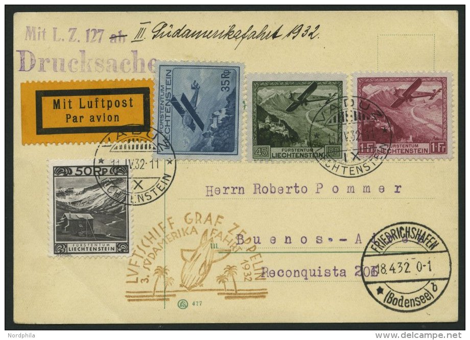 ZULEITUNGSPOST 150 BRIEF, Liechtenstein: 1932, 3. S&uuml;damerikafahrt, Drucksache, Prachtkarte - Zeppeline