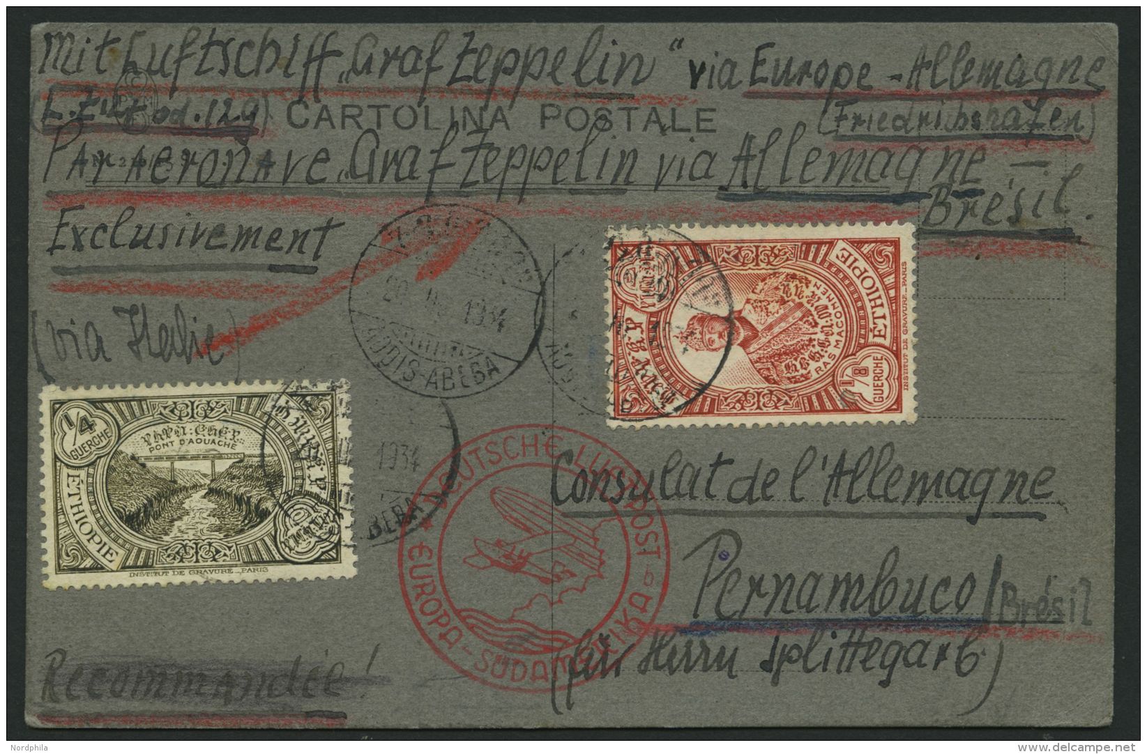 ZULEITUNGSPOST 260 BRIEF, &Auml;thiopien: 1934, 4. S&uuml;damerikafahrt, Prachtkarte, R! - Zeppeline