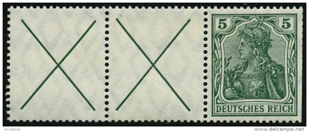 ZUSAMMENDRUCKE W 1.2 **, 1912, Germania X + X + 5, Rechts Starke Heftchenz&auml;hnung, Feinst, Mi. 550.- - Se-Tenant