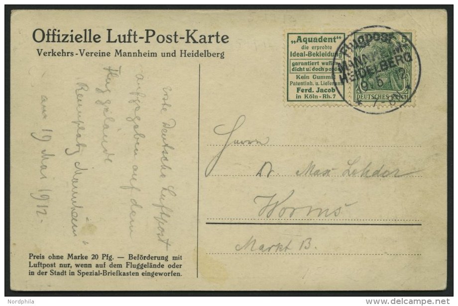 ZUSAMMENDRUCKE W 2.12 BRIEF, 1912, Aquadent + 5 Pf. Mit Flugpoststempel Mannheim-Heidelberg, Offizielle Luftpostkarte, R - Se-Tenant