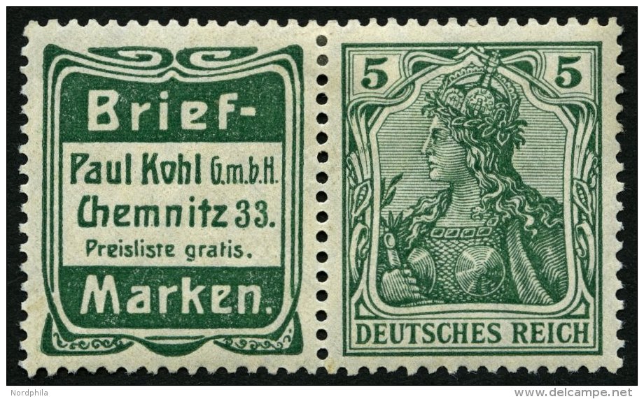 ZUSAMMENDRUCKE W 2.10 *, 1911, Briefmarken Kohl + 5 Pf., Falzrest, Pracht, Mi. 330.- - Se-Tenant