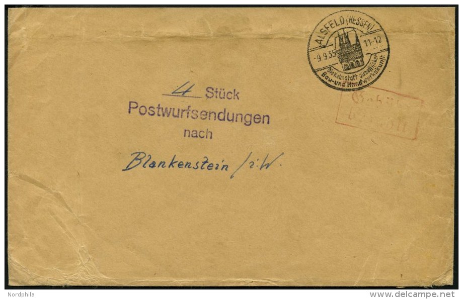 DIENSTMARKEN 1935, Umschlag Aus ALSFELD Mit Stempel 4 St&uuml;ck Postwurfsendungen Nach Blankenstein, Roter Geb&uuml;hr- - Service