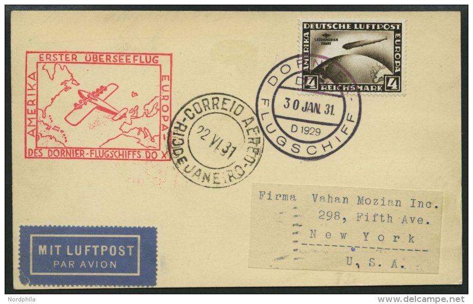 Dt. Reich 439X BRIEF, 1930, 4 RM S&uuml;damerikafahrt, Wz. Stehend, Auf DOX-Karte, Pracht - Gebraucht