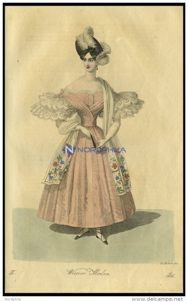 Wiener-Moden - Kleid Von Papeurf&auml;rbigem, Faconnirt-und Gestreiften Gros-de-Naples Mit Einem Schalleibchen, Dazu Ein - Lithographien