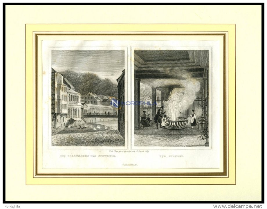 KARLSBAD: Die Colonnaden Des Sprudels Und Der Sprudel, 2 Ansichten Auf Einem Blatt, Stahlstich Von Poppel, 1840 - Lithographies