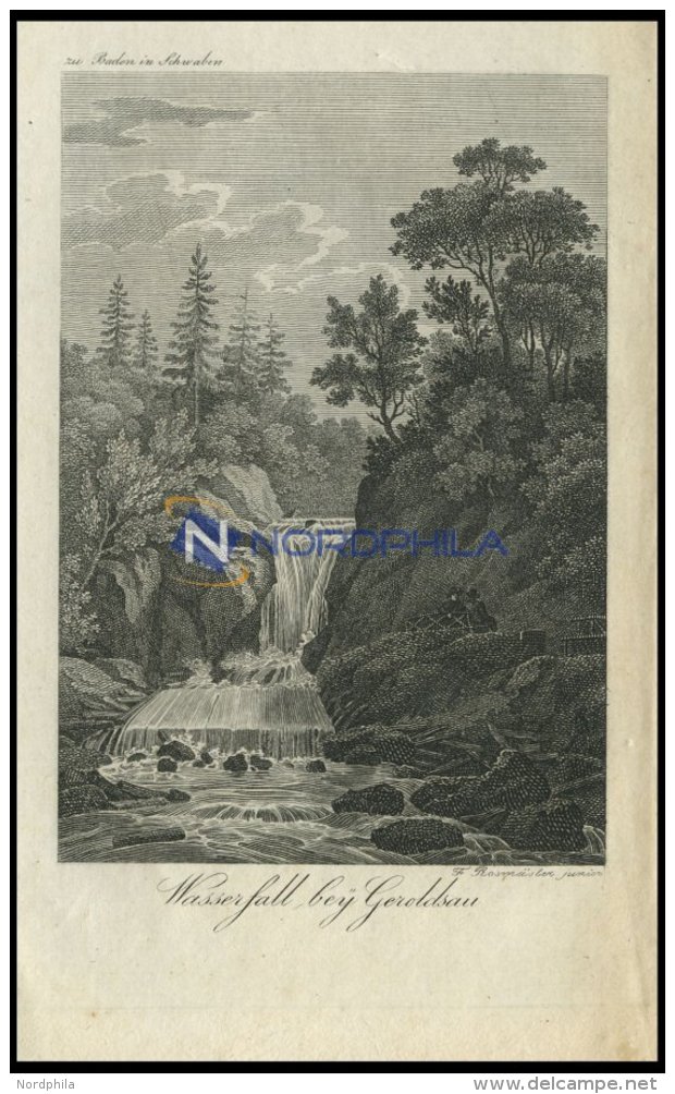 GEROLDSAU/Baden In Schwaben: Wasserfall Beim Ort, Landschaftsszenerie Mit Sitzenden Wanderern, Kupferstich Von F. Rosm&a - Lithographien