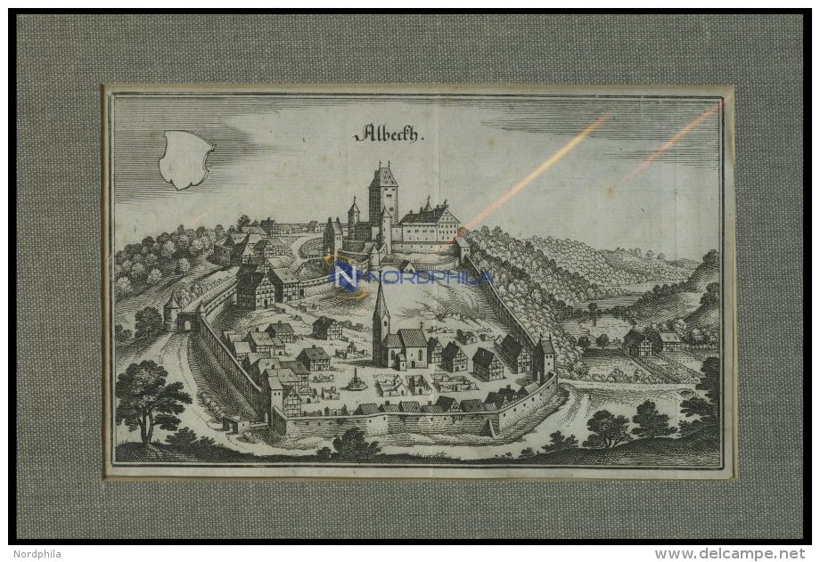 ALBECK, Gesamtansicht, Kupferstich Von Merian Um 1645 - Lithographien