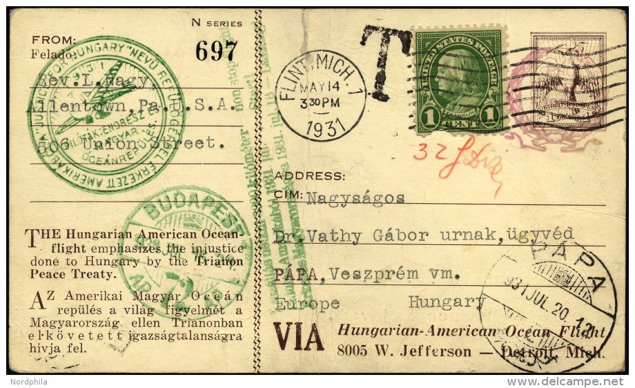 US-FLUGPOST 16.7.1931, Endres-Flug NEW YORK - BUDAPEST, 1 $ Private Sonderkarte Und 1 C. Zusatzfrankatur, Gr&uuml;ner So - 1c. 1918-1940 Briefe U. Dokumente
